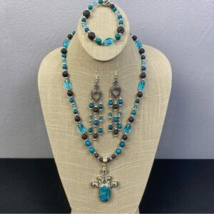 Handmade Upcycled Necklace Earrings Bracelet Set Turquoise Pendant 925 Silver